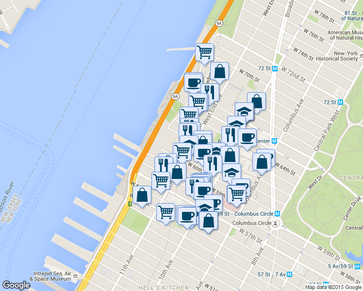 map of restaurants, bars, coffee shops, grocery stores, and more near 21 West End Avenue in New York