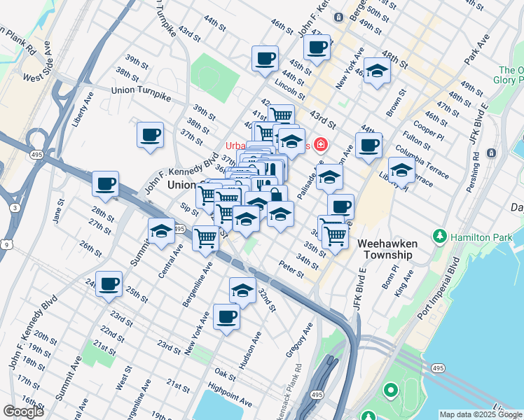 map of restaurants, bars, coffee shops, grocery stores, and more near in Union City