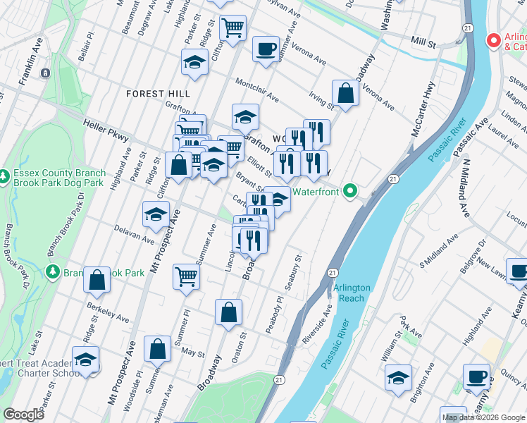 map of restaurants, bars, coffee shops, grocery stores, and more near 664 Broadway in Newark