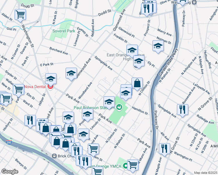 map of restaurants, bars, coffee shops, grocery stores, and more near in East Orange