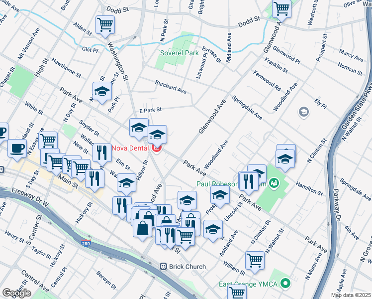 map of restaurants, bars, coffee shops, grocery stores, and more near 98 Glenwood Avenue in East Orange