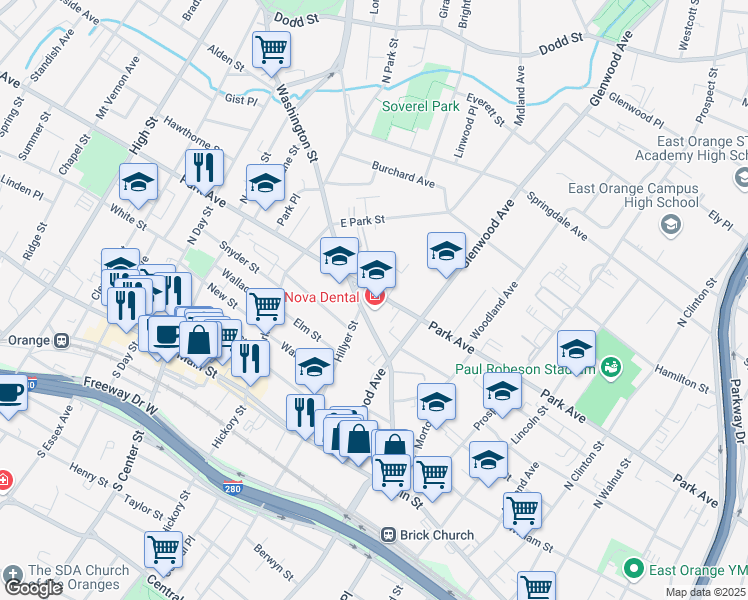 map of restaurants, bars, coffee shops, grocery stores, and more near 90 Washington Street in East Orange