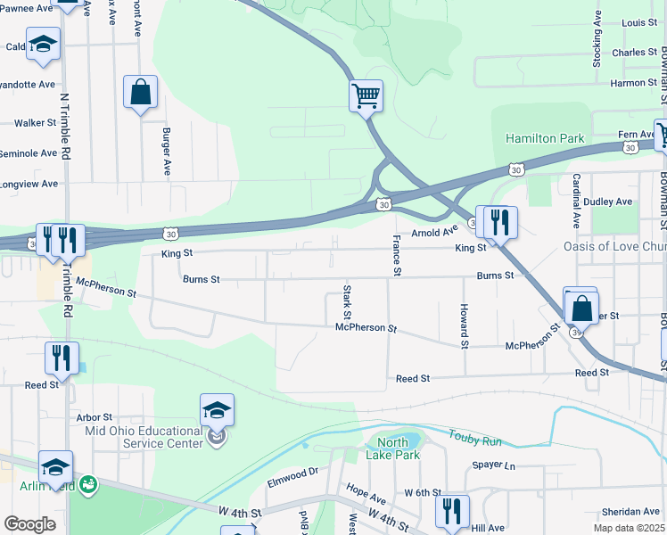 map of restaurants, bars, coffee shops, grocery stores, and more near 705 King Street in Mansfield