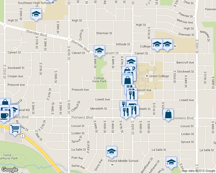 map of restaurants, bars, coffee shops, grocery stores, and more near 3943 South 46th Street in Lincoln