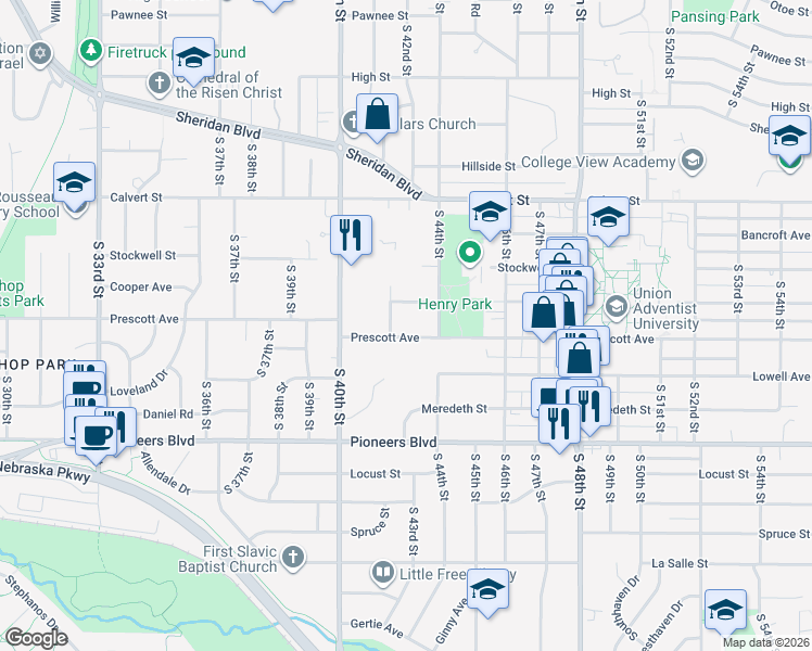 map of restaurants, bars, coffee shops, grocery stores, and more near 4312 Prescott Avenue in Lincoln