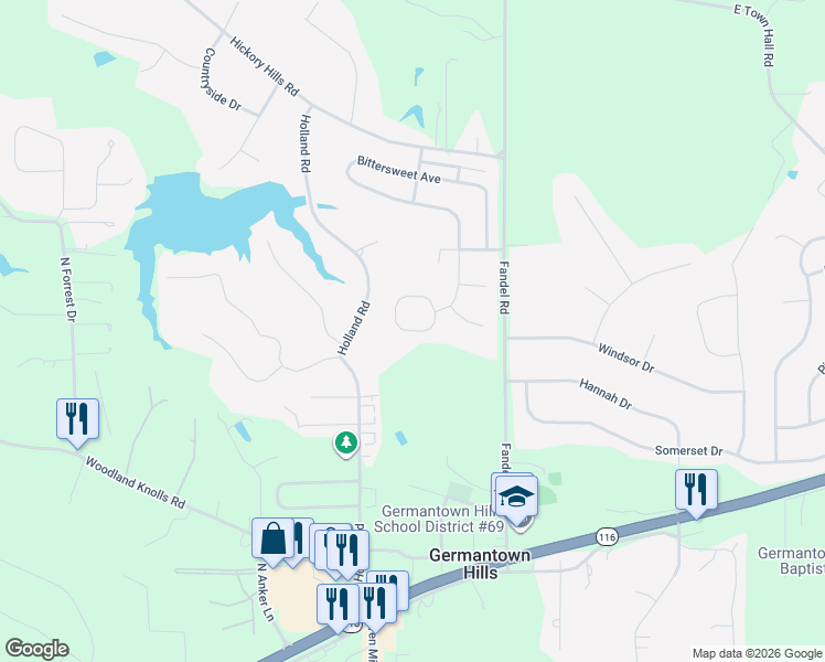map of restaurants, bars, coffee shops, grocery stores, and more near Karagen Circle in Germantown Hills