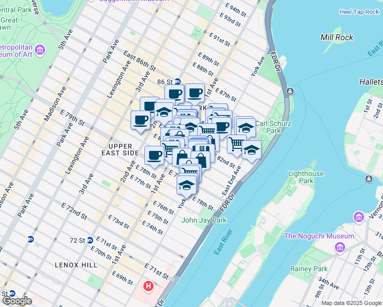 map of restaurants, bars, coffee shops, grocery stores, and more near 417 East 81st Street in New York