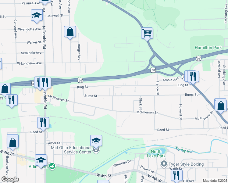 map of restaurants, bars, coffee shops, grocery stores, and more near 502 Allison Avenue in Mansfield