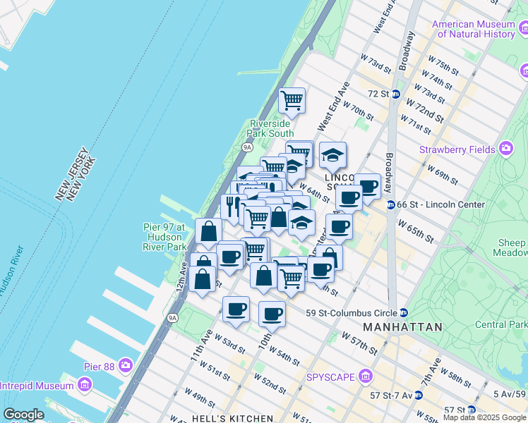 map of restaurants, bars, coffee shops, grocery stores, and more near 21 West End Avenue in New York