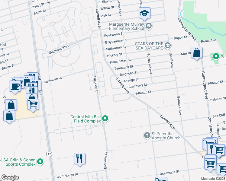 map of restaurants, bars, coffee shops, grocery stores, and more near 12 Dawn Crescent in Central Islip