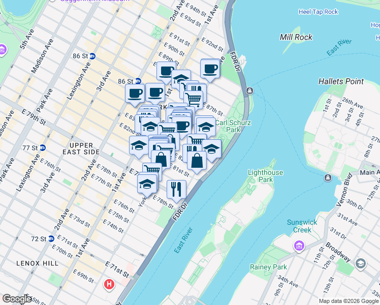 map of restaurants, bars, coffee shops, grocery stores, and more near 524 East 83rd Street in New York