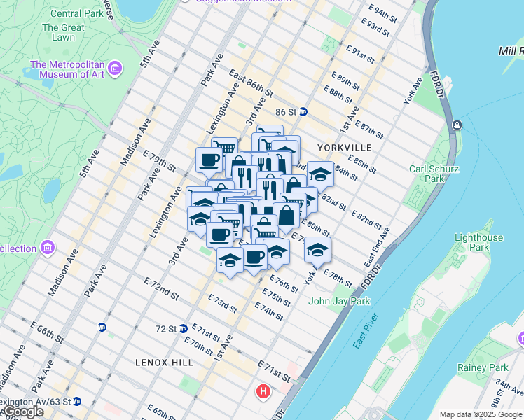 map of restaurants, bars, coffee shops, grocery stores, and more near 301 East 79th Street in New York
