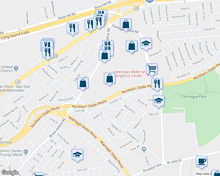 map of restaurants, bars, coffee shops, grocery stores, and more near 960 Brush Hollow Road in Westbury