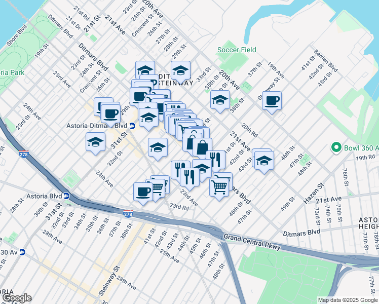 map of restaurants, bars, coffee shops, grocery stores, and more near 2200 38th Street in Queens