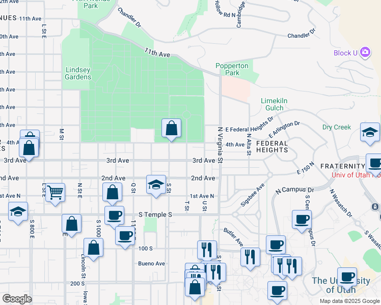 map of restaurants, bars, coffee shops, grocery stores, and more near 168 T Street in Salt Lake City