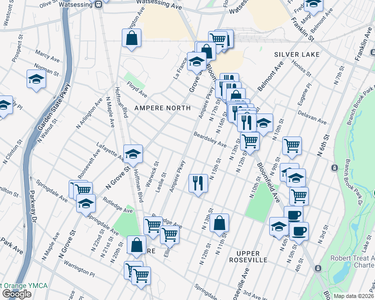 map of restaurants, bars, coffee shops, grocery stores, and more near 191 Ampere Parkway in Bloomfield