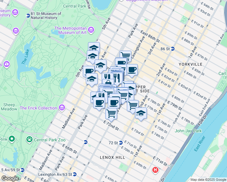 map of restaurants, bars, coffee shops, grocery stores, and more near Lexington Avenue in New York
