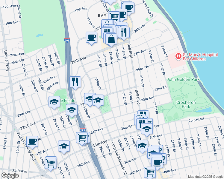 map of restaurants, bars, coffee shops, grocery stores, and more near 209-43 32nd Avenue in Queens