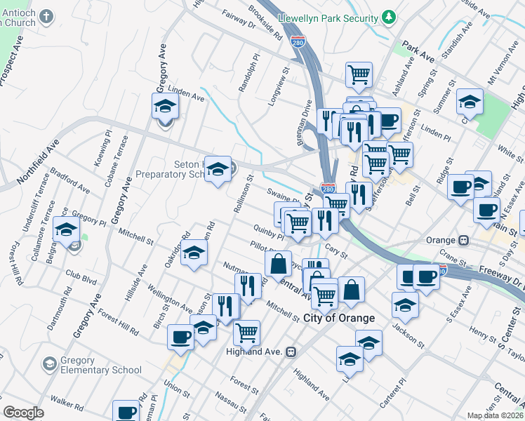 map of restaurants, bars, coffee shops, grocery stores, and more near 86 Riggs Place in West Orange