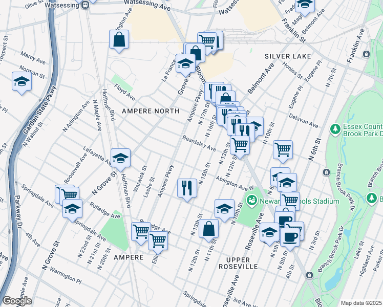map of restaurants, bars, coffee shops, grocery stores, and more near 188 North 17th Street in Bloomfield