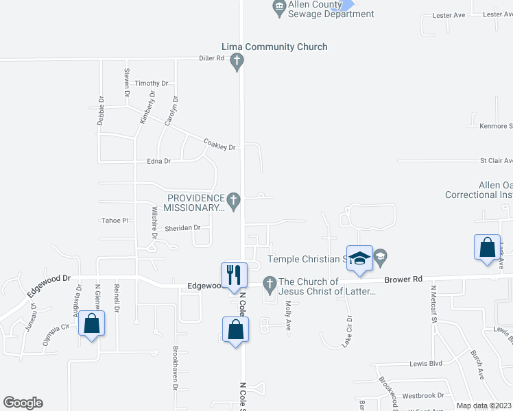 map of restaurants, bars, coffee shops, grocery stores, and more near 1295 Pebble Creek Drive in Lima