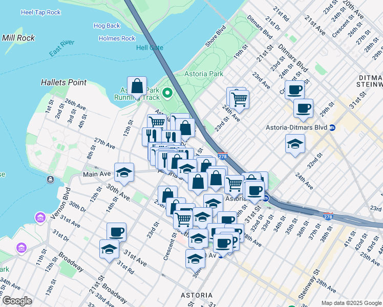 map of restaurants, bars, coffee shops, grocery stores, and more near 25-31 22nd Street in Queens