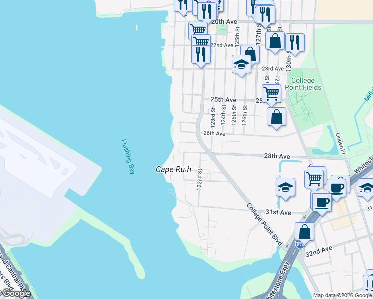 map of restaurants, bars, coffee shops, grocery stores, and more near 28-06 120th Street in Queens
