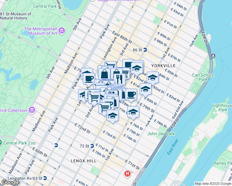 map of restaurants, bars, coffee shops, grocery stores, and more near 244 East 79th Street in New York