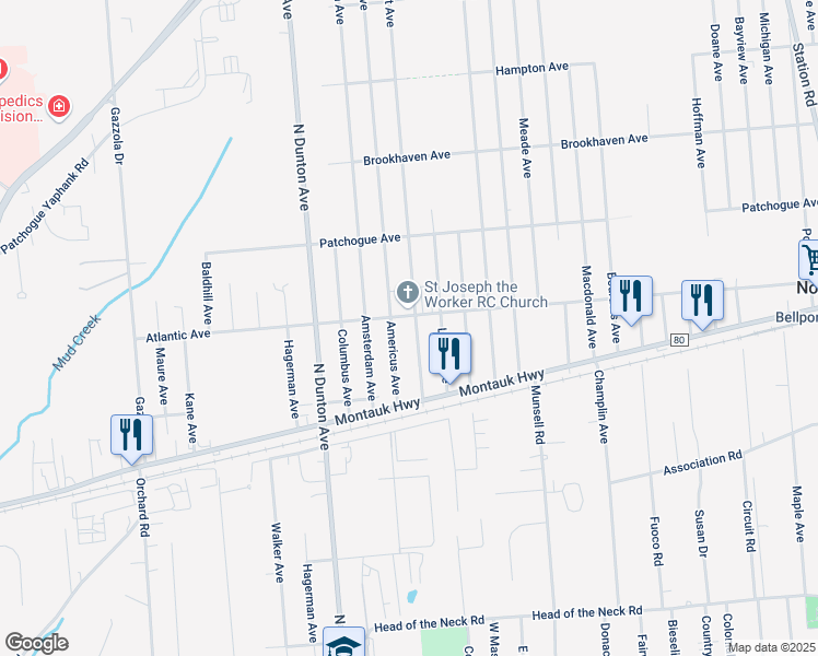 map of restaurants, bars, coffee shops, grocery stores, and more near 431 Narragansett Avenue in East Patchogue