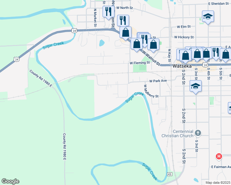 map of restaurants, bars, coffee shops, grocery stores, and more near 111 South Sheridan Avenue in Watseka