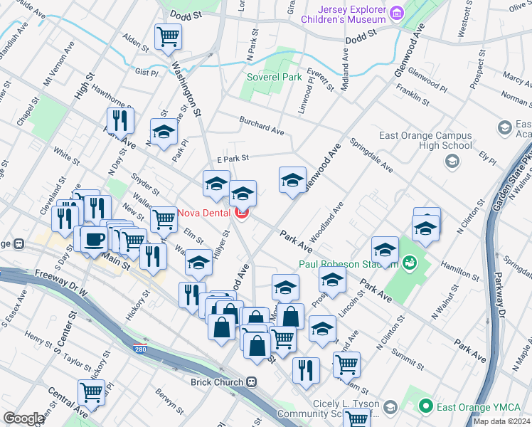 map of restaurants, bars, coffee shops, grocery stores, and more near 650 Park Avenue in East Orange