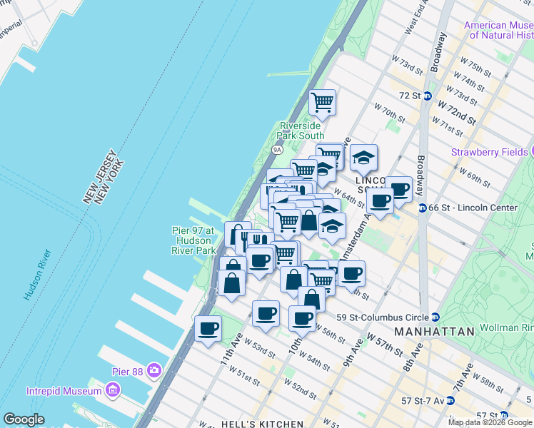 map of restaurants, bars, coffee shops, grocery stores, and more near 10 Riverside Boulevard in New York