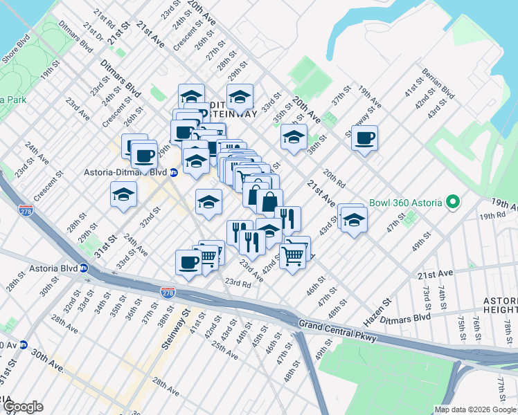 map of restaurants, bars, coffee shops, grocery stores, and more near Ditmars Blvd & 38th St in Queens