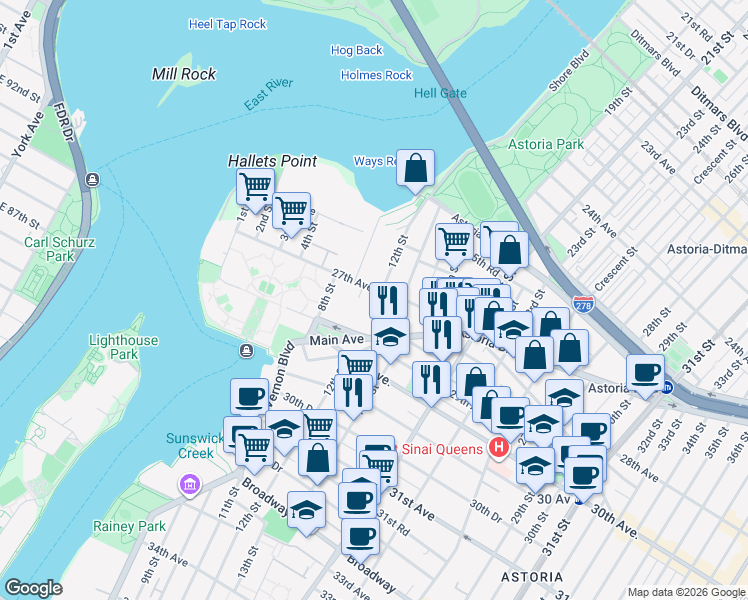 map of restaurants, bars, coffee shops, grocery stores, and more near 27-10 12th Street in Queens