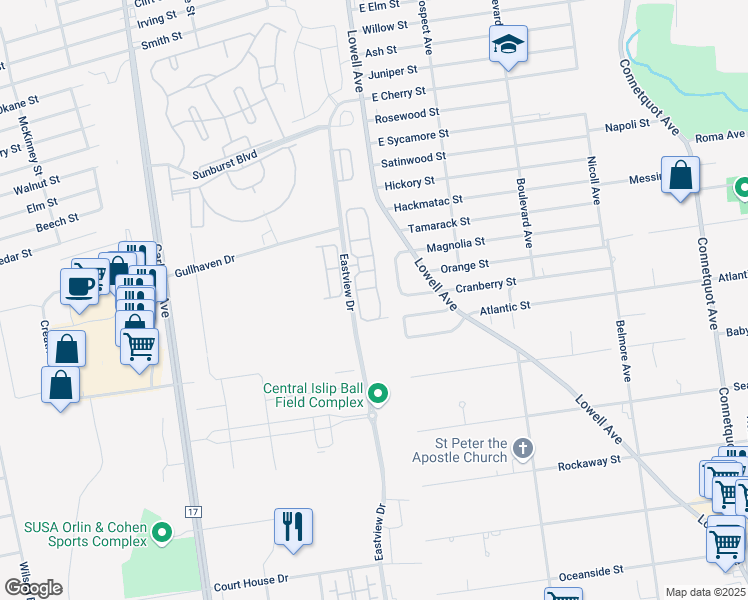 map of restaurants, bars, coffee shops, grocery stores, and more near 242 Medea Way in Central Islip