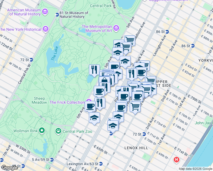 map of restaurants, bars, coffee shops, grocery stores, and more near 23 East 74th Street in New York