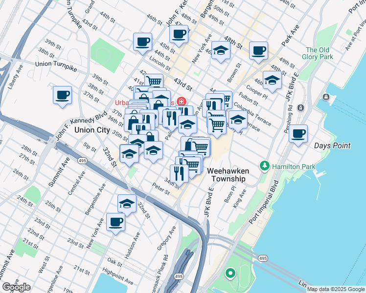 map of restaurants, bars, coffee shops, grocery stores, and more near 140 37th Street in Union City