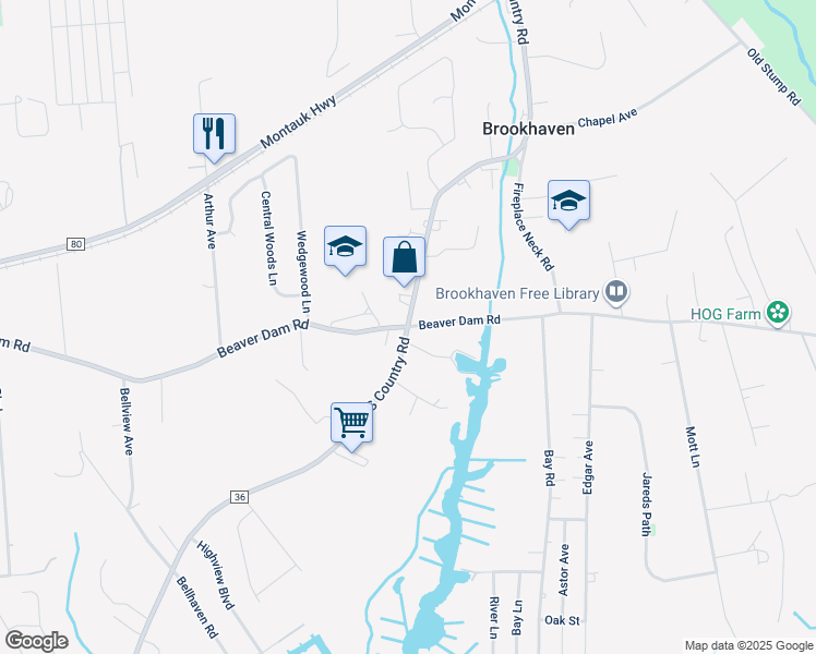 map of restaurants, bars, coffee shops, grocery stores, and more near South Country Road & Beaver Dam Road in Brookhaven