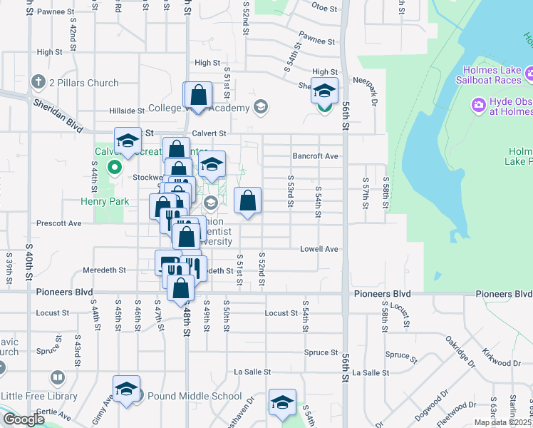 map of restaurants, bars, coffee shops, grocery stores, and more near 3928 South 52nd Street in Lincoln
