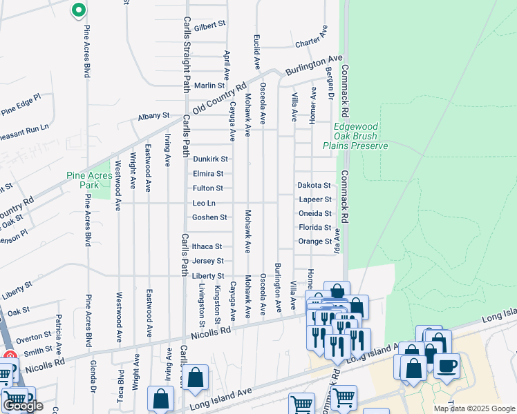 map of restaurants, bars, coffee shops, grocery stores, and more near 126 Leo Lane in Deer Park