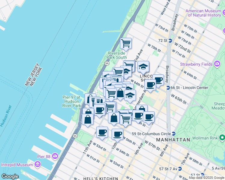map of restaurants, bars, coffee shops, grocery stores, and more near 21 West End Avenue in New York