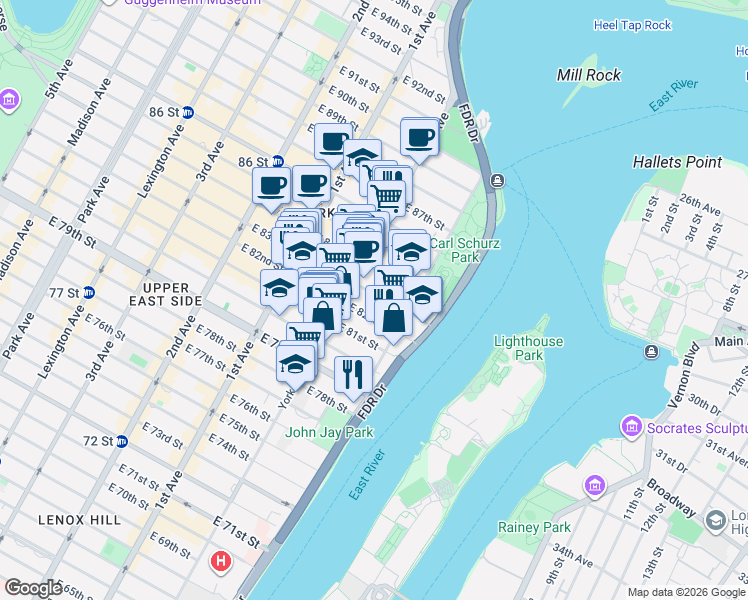 map of restaurants, bars, coffee shops, grocery stores, and more near 518 East 83rd Street in New York