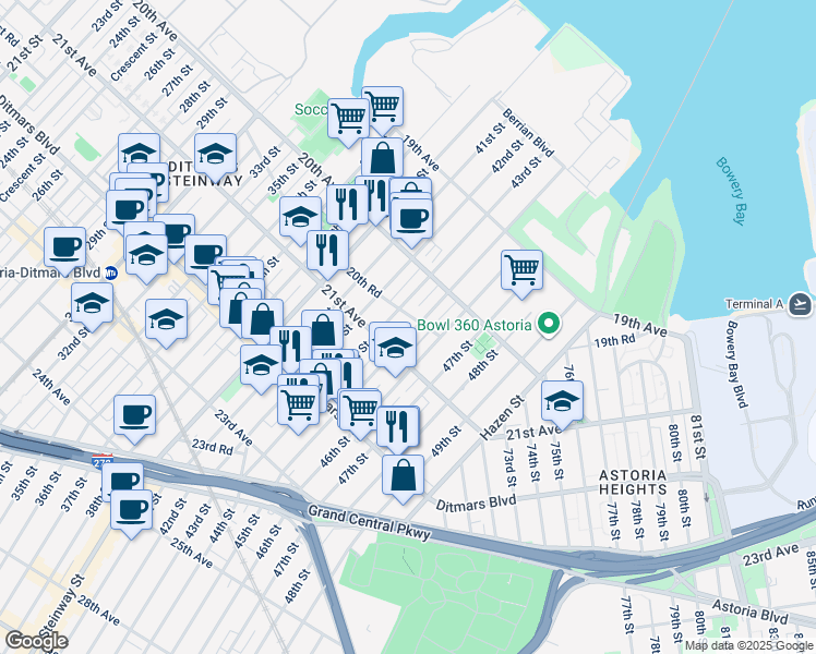 map of restaurants, bars, coffee shops, grocery stores, and more near 20-54 45th Street in Queens