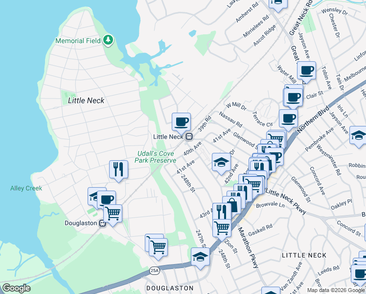 map of restaurants, bars, coffee shops, grocery stores, and more near 39-14 Little Neck Parkway in Queens