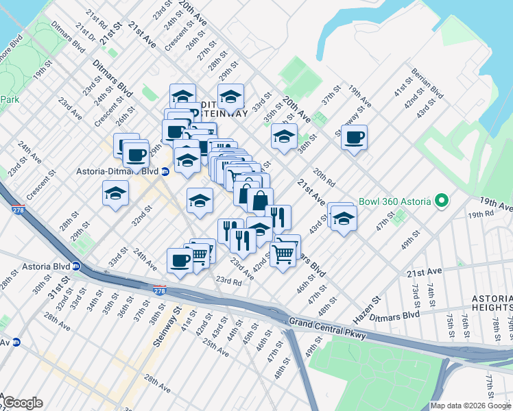 map of restaurants, bars, coffee shops, grocery stores, and more near 2200 38th Street in Queens