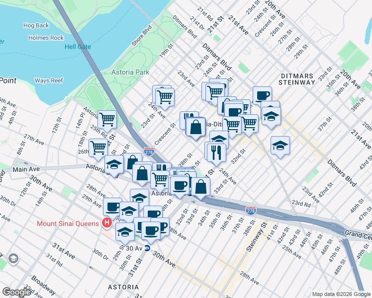map of restaurants, bars, coffee shops, grocery stores, and more near 24-21 27th Street in Queens