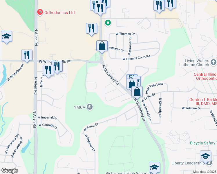 map of restaurants, bars, coffee shops, grocery stores, and more near 7018 North Willow Wood Drive in Peoria
