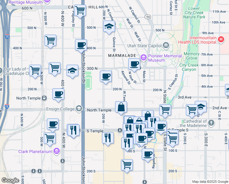 map of restaurants, bars, coffee shops, grocery stores, and more near 131 West 200 North in Salt Lake City
