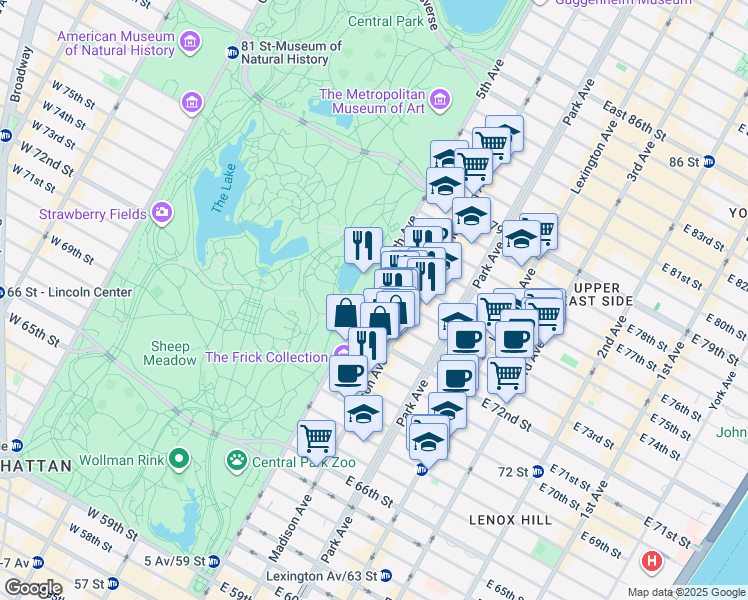 map of restaurants, bars, coffee shops, grocery stores, and more near 925 5th Avenue in New York
