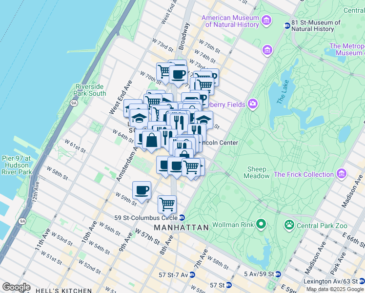 map of restaurants, bars, coffee shops, grocery stores, and more near in New York